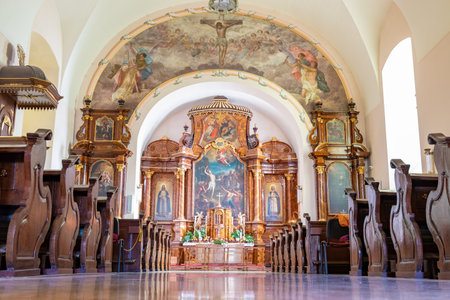 Interior picture of a beautiful hungarian Fatebenefratelli church in city Pecs, was built between...