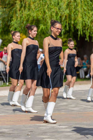 Young girls dancing in a majorette group in event in small village, Vonyarcvashegy in Hungary. 05. 01. 02018 HUNGARYのeditorial素材