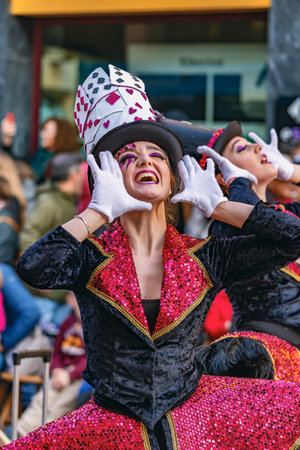 Traditional carnival in a Spanish town Palamos in Catalonia. Many people in costume and interesting make-up. 03. 01. 2019 Spainのeditorial素材