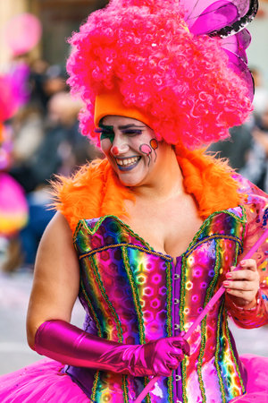 Traditional carnival in a Spanish town Palamos in Catalonia. Many people in costume and interesting make-up. 03. 01. 2019 Spainのeditorial素材