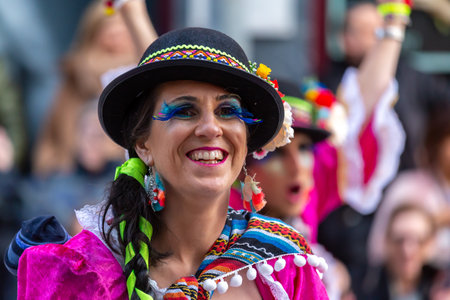 Traditional carnival in a Spanish town Palamos in Catalonia. Many people in costume and interesting...