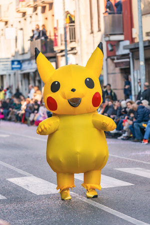 Traditional carnival in a Spanish town Palamos in Catalonia. Many people in costume and interesting make-up. 03. 01. 2019 Spainのeditorial素材