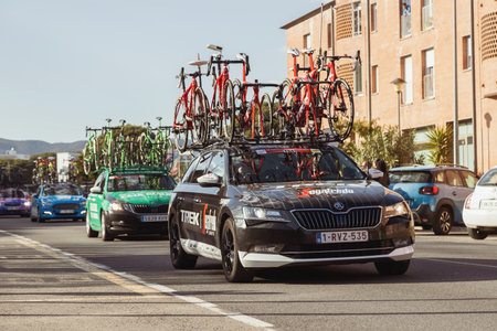 Team car of the Volta Road Cycling in Catalonia on the stage 2 (from Mataro to Sant Felui de...