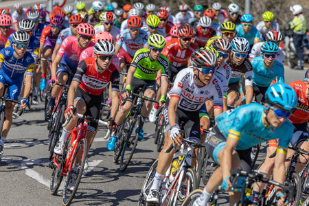 Competitors of the Volta Road Cycling in Catalonia on the stage 3 (from Sant Feliu de Guixols to Vallter 200) 27. 03. 2019 Spainのeditorial素材
