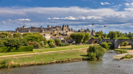 View of famous old castle of Carcassonne in France.のeditorial素材