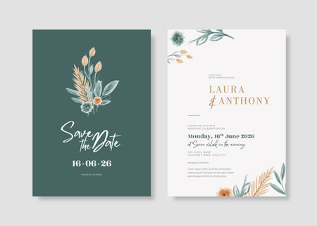 Elegant wedding invitation template with watercolor eucalyptusのイラスト素材