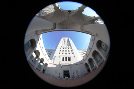 Fisheye View looking up from the Courtyard of the Los Angeles City Hall, Californiaの写真素材