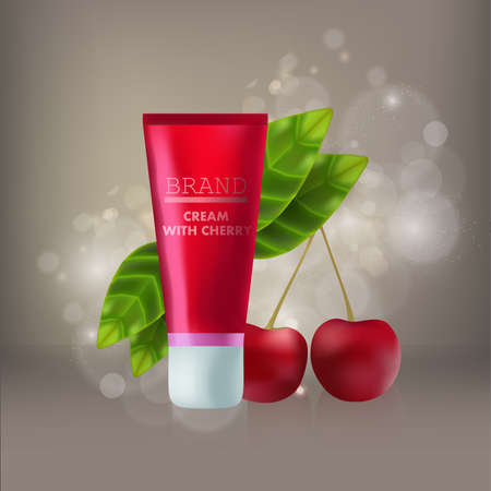 Cosmetic red mock-up with leaf and cherry realistic template illustration brand cream flask gel essentialのイラスト素材