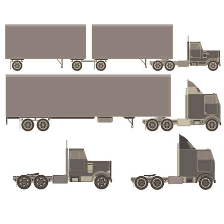 Vector cargo trucks with trailers. Fast service delivery of goods. Vehicle long-term transportation . Lorry product shipping transport.  Auto style cartoon isolated on white background.のイラスト素材