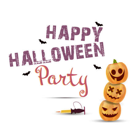 Halloween party poster with pumpkins vector illustration greeting wallpaper. Decoration mystery hat concept holiday symbol, night, template, orange. Graphic event dark treat trick invitation happy artのイラスト素材