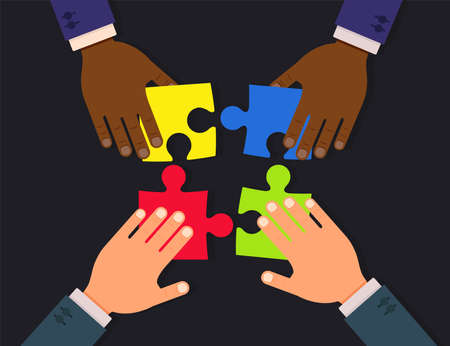 Teamwork vector flat concept illustration design. Businessmen hands create puzzle together.