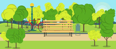 Park with bench,street light and red bicycle vector concept landscape flat illustration design.のイラスト素材