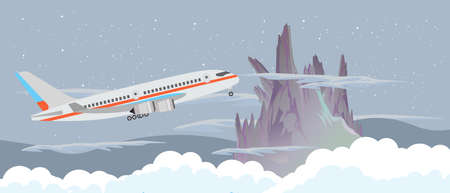 Airplane fly in the sky at night near a mountains and clouds vector flat design illustration banner.のイラスト素材