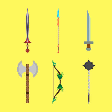 Medieval cartoons weapons set concept vector flat illustration design. Decoration icons for fantasy game.のイラスト素材