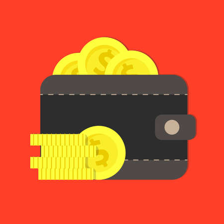 Gold coins in a leather purse vector flat illustration design concept.のイラスト素材