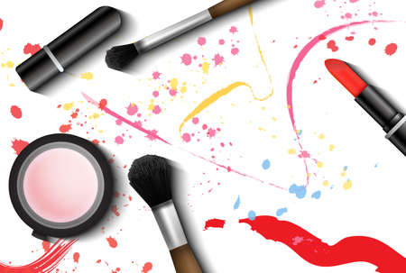 Realistic 3d makeup vector set cosmetic. Eyeliner brush, lipstick and powder ads illustration. Advertisement template professional mockup.のイラスト素材