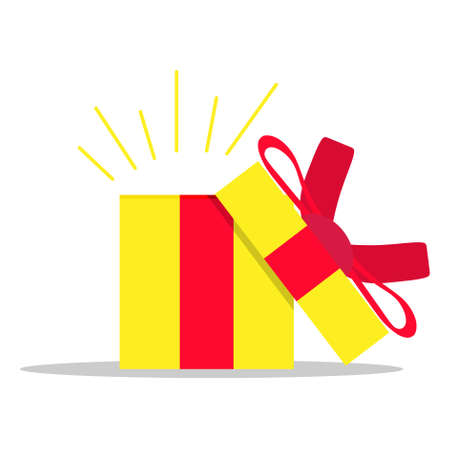 Open gift box present surprise vector. Christmas with red ribbon holiday object. Concept isolated white xmas package cardboard. Blank template container illustration. Magic confetti wrap.のイラスト素材