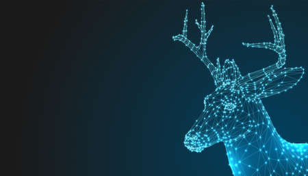 Deer head 3d vector illustration animal. Abstract wirframe polygon triangle geometric background. Low poly blue line mesh futuristic shape. Space dot creative concept sketch. Silhouette portrait.のイラスト素材