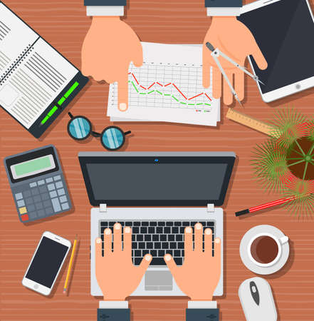 Business office team work people. Technology desk vector worker corporate workplace. Meeting design table management. Brainstorming professional job businessman. Creative presentation graphic style.のイラスト素材
