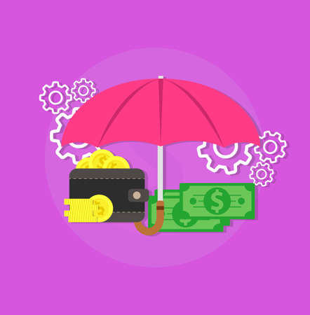 Money currency cash symbol sign. Economy banking dollar security finance. Income business payment concept icon. Mortgage deposit plan risk investment. Savings umbrella shield cost service tax.のイラスト素材