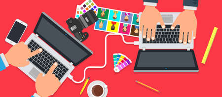 Creative office team people design. Business teamwork success vector background. Technology cooperation brainstorming concept illustration flat. Professional solution project job. Partnership idea.のイラスト素材