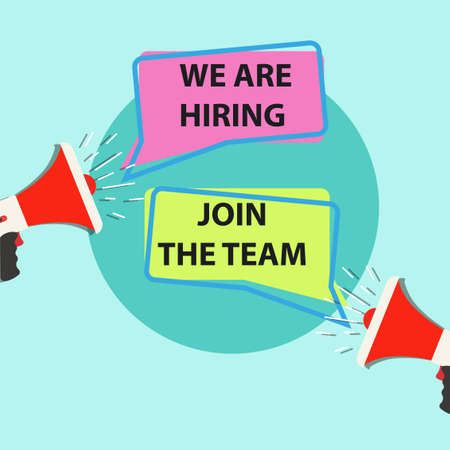 Recruitment job sign employer flat background vector. Candidate celebration concept business. Hire worker career graphic isolated. Announcement resources calligraphy interview. Megaphone poster cardのイラスト素材