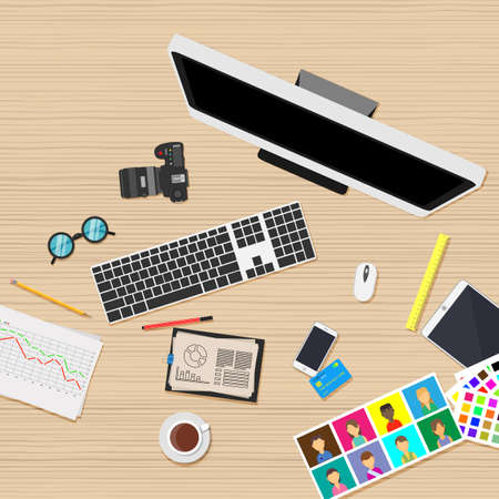 Workplace business office job people. Graphic web work internet vector. Person computer illustration style. Brainstorming process set developer. Technology equipment teamwork creative isolated.のイラスト素材
