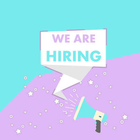 Recruitment job sign employer flat background vector. Candidate celebration concept business. Hire worker career graphic isolated. Announcement resources calligraphy interview. Megaphone poster cardのイラスト素材