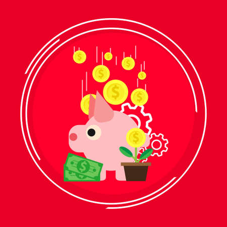 Pig symbol profit management business  design coin. Marketing sign growth money diagram isolated. Finance strategy increase report. Stock income success vector accounting payment. Revenue dollar flat.のイラスト素材