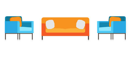 Sofa and chair office living room couch relax. Interior funriture vector isolated design. Vacation icon decoration symbol art. House armchair equipment settee with pillows. Flat cushion element resortのイラスト素材