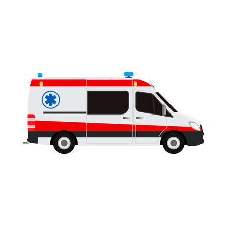 Ambulance van flat vector side view. Help emergency auto red transportation rescueのイラスト素材