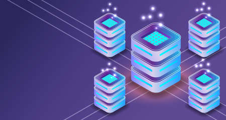 Server isometric 3D connection communication data. Networking service banner database vector...