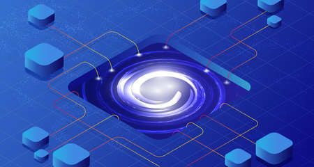 Network isometric 3D connection communication. Technology internet business data vector...