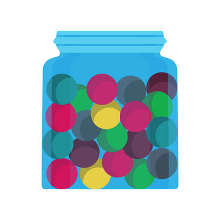 Candy jar glass sweet dessert food vector icon. Chocolate container sugar lollipop cartoon store shop. Gum colorful ballのイラスト素材