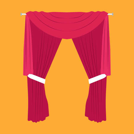 Curtain red stage vector flat icon art. Backdrop velvet classic open textile fabric frame. Interior drapery tassel room hallのイラスト素材