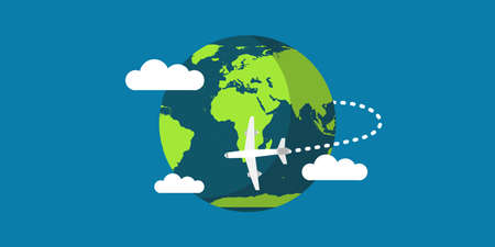 Travel plane world earth vector illustration travel map concept. Fly around golbe planet vacation trip direction networkのイラスト素材