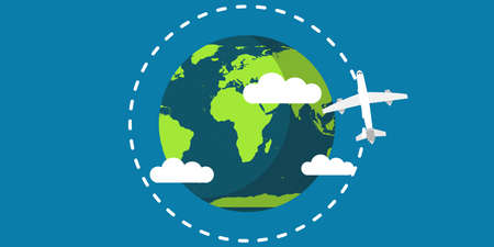 Travel plane world earth vector illustration travel map concept. Fly around golbe planet vacation trip direction network international continent aviantionのイラスト素材