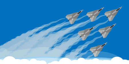 Military fighter jet with sky smoke trail background illustration vector. Air show plane fly...
