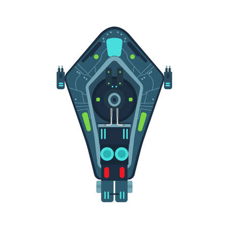 Space ship top view vector icon rocket technology shuttle. Cartoon future UFO galaxy cosmos. Fantasy alien orbit boosterのイラスト素材