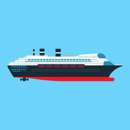 Cruise ship side view vector flat icon. Ocean boat travel journey transport. Sea luxury blue vessel vacation. Summer large liner cartoonのイラスト素材