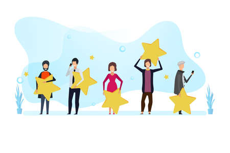 Customer review rating vector feedback banner. Top business clent women and men concept. Best good star success. Survey character evaluation experience vote online. Quality five like appreciationのイラスト素材