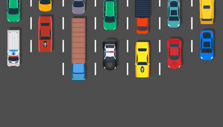 Traffic jam car top view vector illustration road. Lot street city aerial asphalt design highway. Transportation background travel urban. Busy hour line concept stuck truck. Freeway transit metropolisのイラスト素材