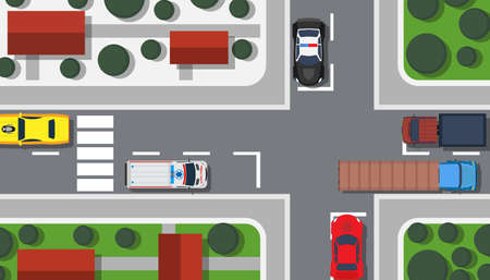 Crossroad top view vector illustration building map. City car game landscape traffic urban....