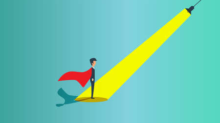 Man hiring spotlight recruiter career leader business vector. Future hero employment opportunity worker. Candidate talent concept job choose. Success corporate find unique vacancy. Light search teamのイラスト素材
