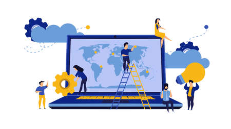 Business global earth vector map concept with laptop. PC consulting idea world. Man and woman group...