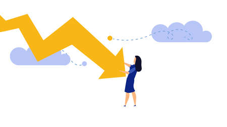 Businesswoman bankrupt recession loss business vector concept illustration. Woman pushed red arrow downward. Failure pressure market cut crisis. Economy debt fall rate. Risk investment currency priceのイラスト素材