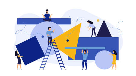 Carry person people moving puzzle jigsaw business vector flat cartoon illustration. Man and woman office employee busy concept landing. Job worker team bureaucracy builder process banner character.のイラスト素材