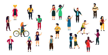 Vector city people person illustration isolated white crowd woman and man cartoon. Girl and boy group set collection trendy outdoor bundle character. Concept lifestyle community different humanのイラスト素材