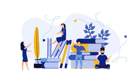 Vector education people person book illustration concept business background. Character school student knowledge learning. Web library reading group. Training course banner graduation classのイラスト素材