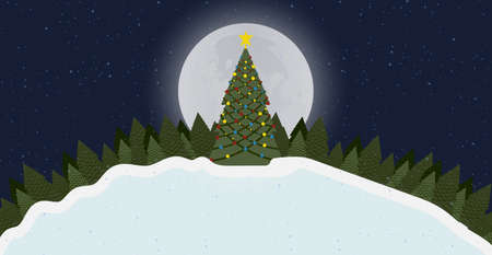Merry Christmas card background with tree and snow at night forest with moon 2020. New Year design vector illustration graphic banner holiday. Greeting postcard xmas invitation art congratulationのイラスト素材